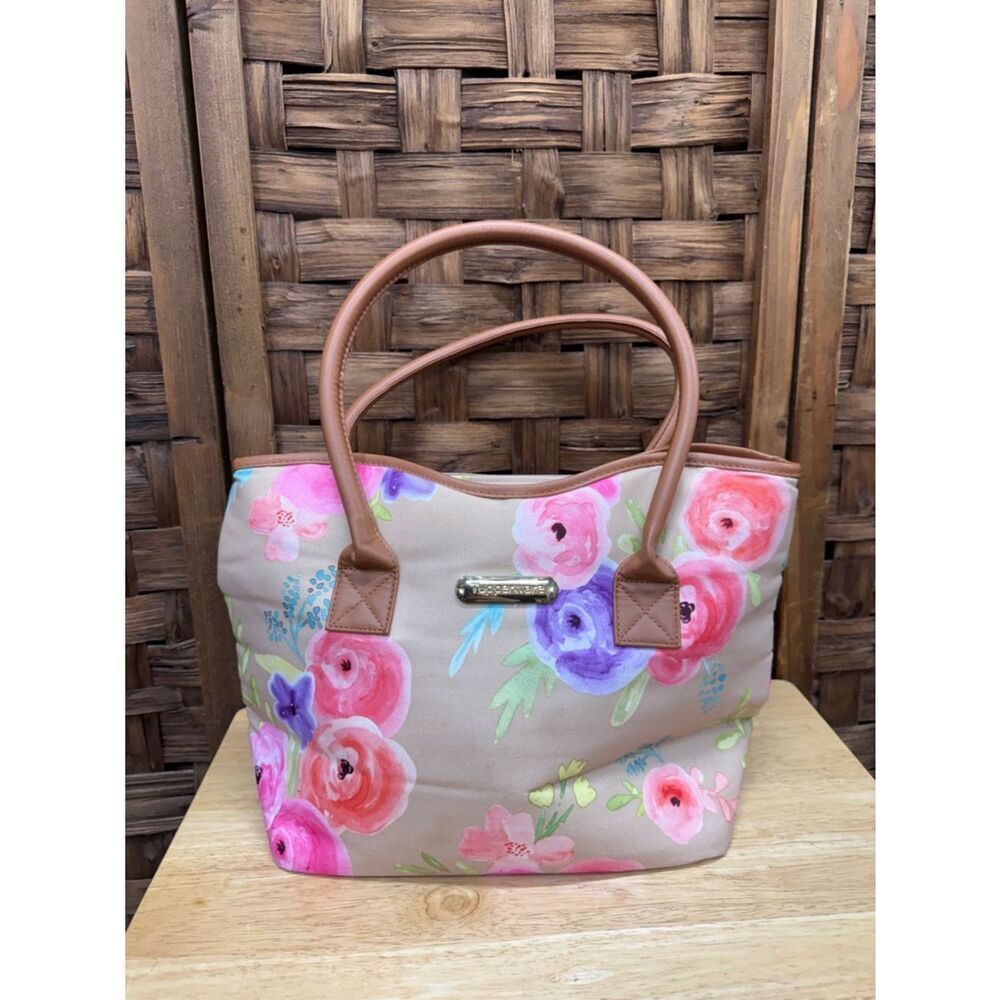 Tupperware Pink & Purple Floral Beige Tote with Brown Handles